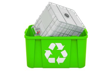 Orta büyüklükteki çöp tenekesinin geri dönüşümü. Beyaz arkaplanda 3B görüntüleme izole edildi