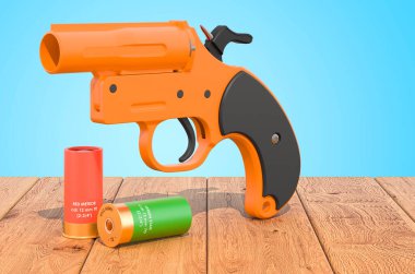Flare gun with aerial flares on the wooden planks, 3D rendering clipart