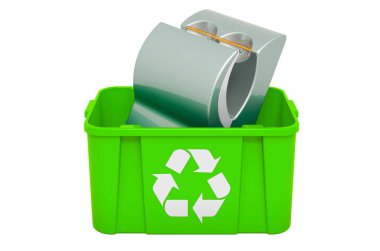 Çöp tenekesini el kurutucusuyla geri dönüştürüyorum. Beyaz arkaplanda 3B görüntüleme izole edildi