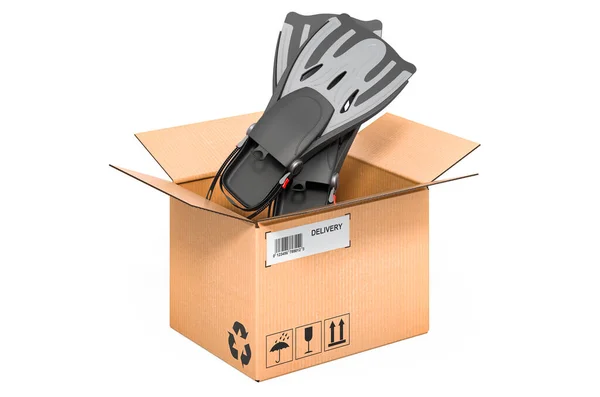 Flippers Swim Fins Cardboard Box Delivery Concept Rendering Isolated White — Stock Photo, Image