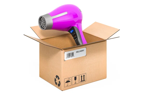 Hair Dryer Cardboard Box Delivery Concept Rendering Isolated White Background — Stock Photo, Image