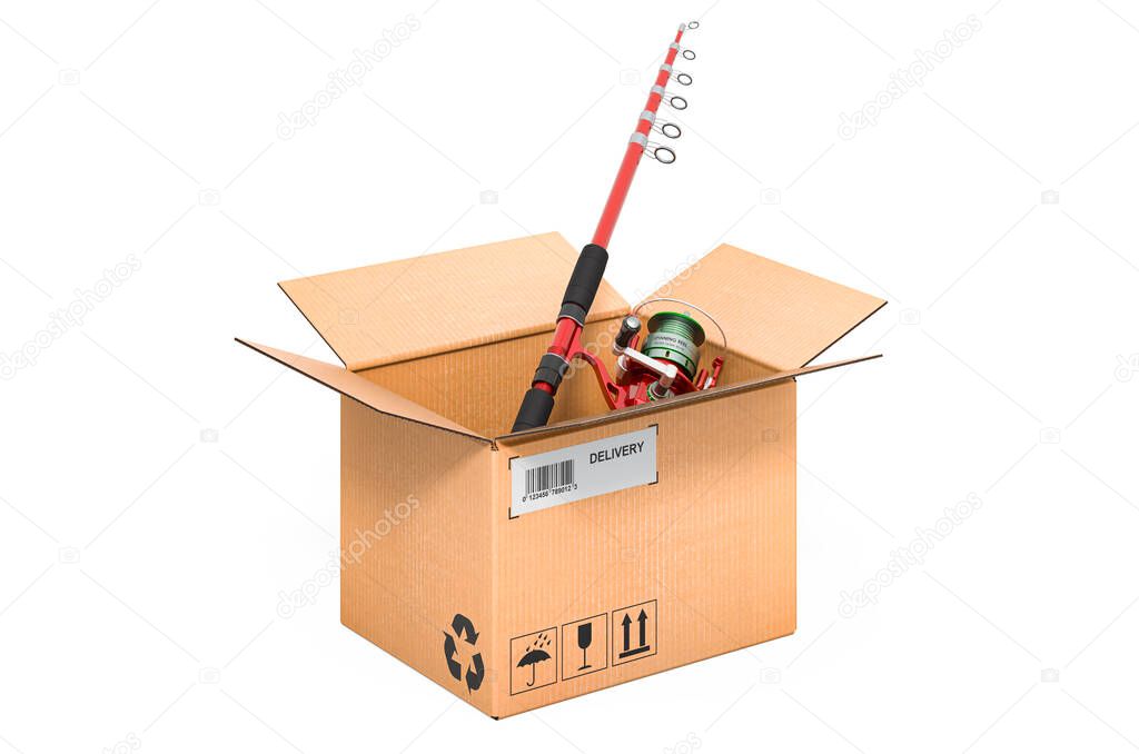 Fishing rod inside cardboard box, delivery concept. 3D rendering isolated on white background