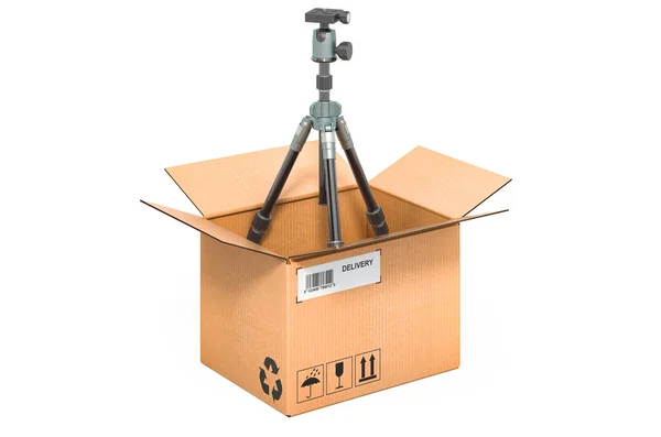 段ボール箱内のカメラやビデオカメラのための三脚 配信コンセプト 白い背景に隔離された3Dレンダリング — ストック写真