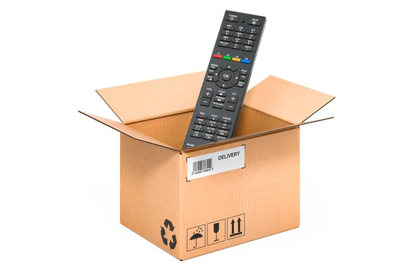 Remote Control Cardboard Box Delivery Concept Rendering Isolated White Background — Stock Photo, Image