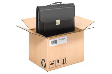 Karton kutunun içindeki evrak çantası, teslimat konsepti. Beyaz arkaplanda 3B görüntüleme izole edildi