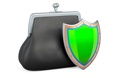 Kalkanlı çanta, finansal sigorta ve iş istikrar kavramı. Beyaz arkaplanda 3B görüntüleme izole edildi