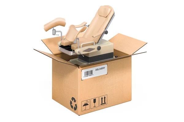 Gynecological Examination Chair Cardboard Box Delivery Concept Rendering Isolated White — Stock Photo, Image