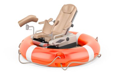 Yaşam kemeri olan jinekolojik muayene sandalyesi, beyaz arka planda 3 boyutlu görüntüleme.