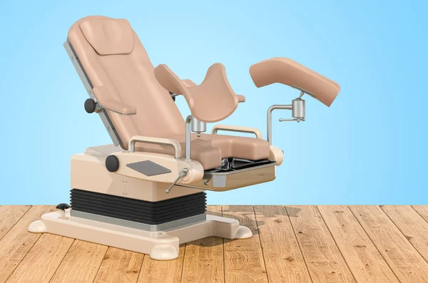Medicals Gynecological Examination Chair on the wooden planks, 3D rendering