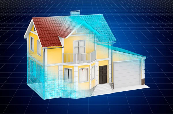 Visualisatie Cad Model Van Huis Blauwdruk Weergave — Stockfoto