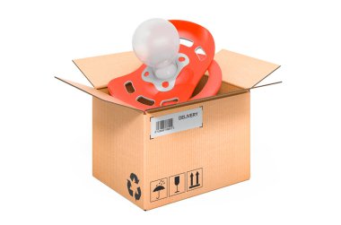 Karton kutunun içindeki emzik, teslimat konsepti. Beyaz arkaplanda 3B görüntüleme izole edildi