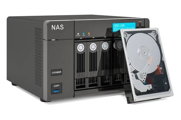 Nas Com Dispositivos Disco Rígido Hdd Renderização Isolada Fundo Branco — Fotografia de Stock