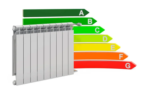 Verwarming Radiator Met Energie Efficiëntiekaart Rendering Geïsoleerd Witte Achtergrond — Stockfoto