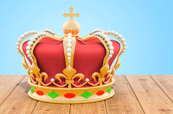 木制木板上的金王冠 3D渲染 — 图库照片