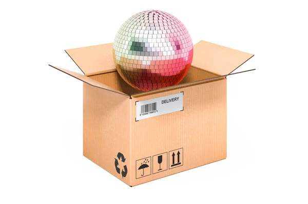 段ボール箱内ミラーディスコボール 配信コンセプト 白い背景に隔離された3Dレンダリング — ストック写真