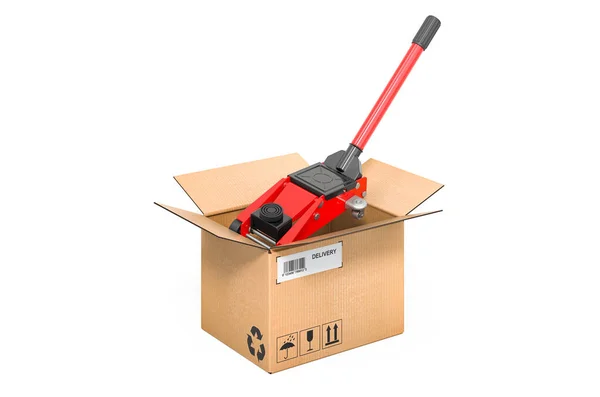 Hydraulic Floor Jack Cardboard Box Delivery Concept Rendering Isolated White — Stock Photo, Image