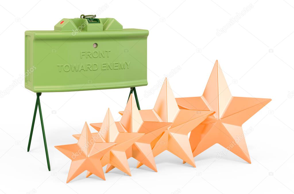 Rating of anti-personnel mines concept. Anti-personnel mine with five golden stars, 3D rendering isolated on white background