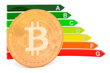 Enerji verimliliği grafiği olan bitcoin, beyaz arkaplanda 3 boyutlu görüntüleme
