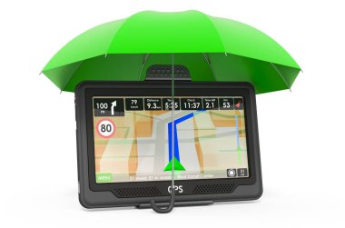 Şemsiye altında GPS alıcısı, beyaz arkaplanda 3D görüntüleme