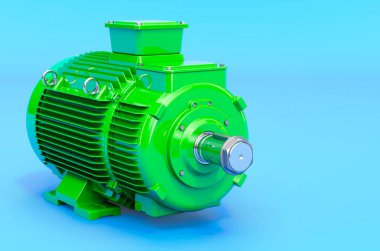 Yeşil endüstriyel elektrikli motor, mavi arkaplanda 3D görüntüleme