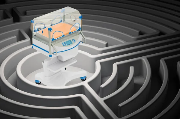 Caring for a Premature Baby concept. Neonatal incubator at the center of a maze, 3D rendering