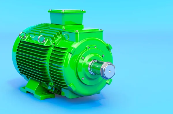 Motor Elétrico Industrial Verde Renderização Fundo Azul — Fotografia de Stock