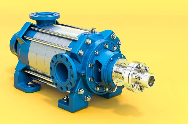 Horizontal multistage centrifugal pump, 3D rendering on yellow background