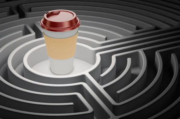 Koncept Kofeinové Závislosti Jednorázový Šálek Kávy Uvnitř Bludiště Labyrintu Vykreslování — Stock fotografie