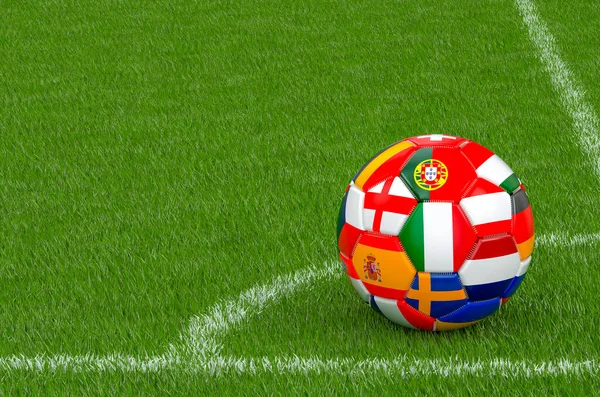 Balón Fútbol Con Banderas Esquina Del Campo Fútbol Representación — Foto de Stock