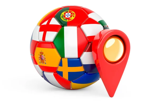 足球与旗帜和地图指针 位置的概念 在白色背景上孤立的3D渲染 — 图库照片