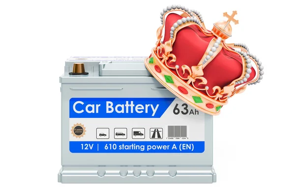 Autobatterie Mit Goldener Krone Rendering Isoliert Auf Weißem Hintergrund — Stockfoto