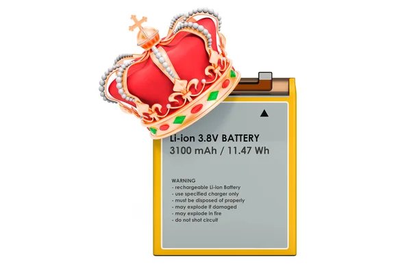 Lithium Ion Mobilní Telefon Baterie Zlatou Korunou Vykreslování Izolované Bílém — Stock fotografie