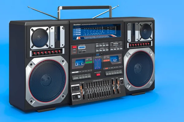 Boombox on blue background, 3D rendering