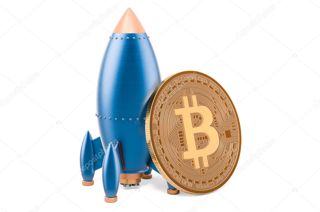 Rocket with bitcoin flying to the moon, 3D rendering isolated on white background