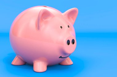 Mavi arka planda domuz kumbarası, 3D görüntüleme