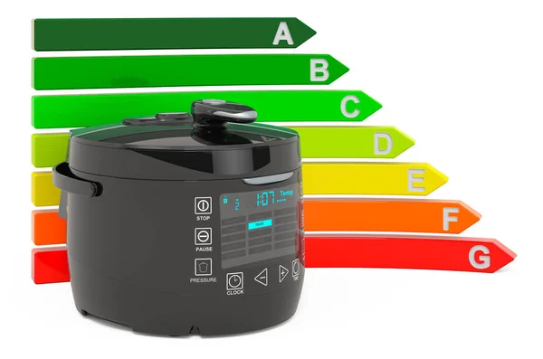 Automatisk Multicooker Med Energieffektivitetstabell Rendering Isolerad Vit Bakgrund — Stockfoto