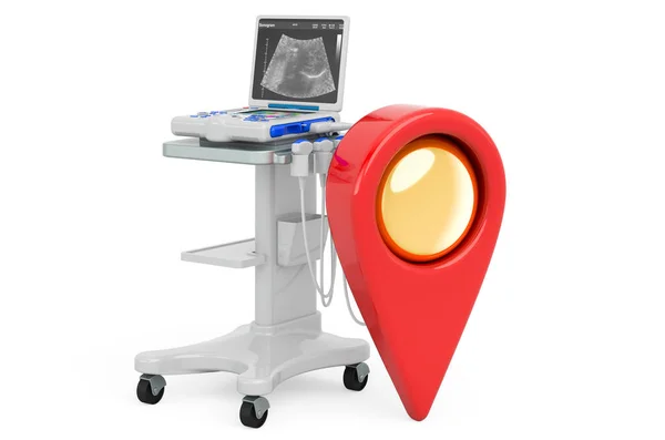 地图指针与医疗超声诊断机 扫描仪 在白色背景上孤立的3D渲染 — 图库照片