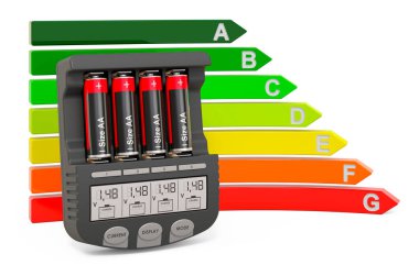 Enerji verimlilik çizelgesine sahip akıllı AA AAA Pil Şarj Cihazı, beyaz arkaplanda 3 boyutlu görüntüleme