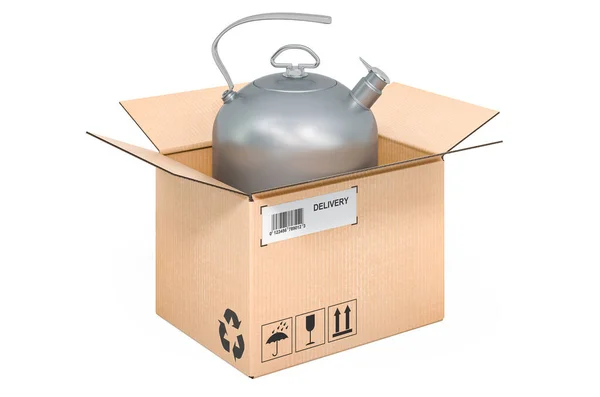 Big Metallic Kettle Cardboard Box Delivery Concept Rendering Isolated White — Stock Photo, Image