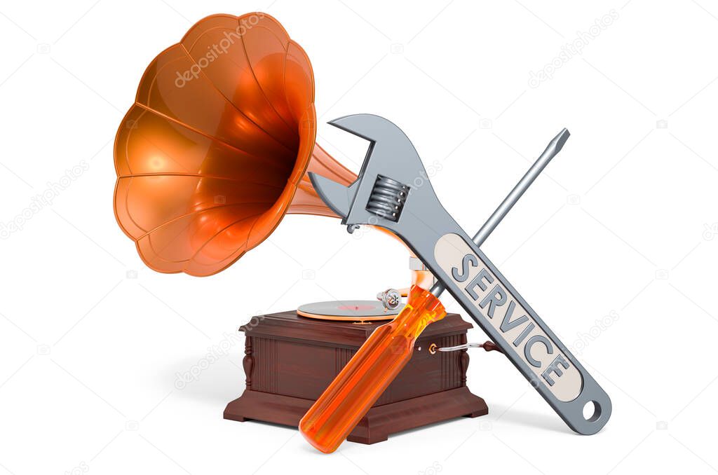 Service and repair of retro phonographs and gramophones, 3D rendering isolated on white background