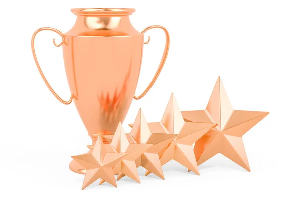 Gold Trophy Cup Award Five Golden Stars Rendering Isolated White — Fotografia de Stock