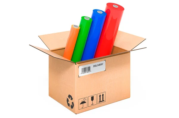 Multicolor Pvc Polythene Plastic Tape Rolls Cardboard Box Delivery Concept — ストック写真