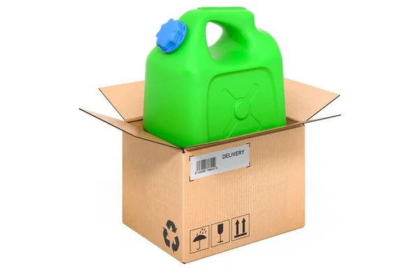 Plastic Jerrycan Cardboard Box Delivery Concept Rendering Isolated White Background — ストック写真