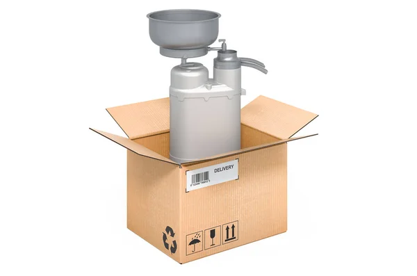 纸板箱内的牛奶分离器 送货概念 在白色背景上孤立的3D渲染 — 图库照片