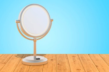 LED ışıklandırılmış makyaj masası aynası. Tahta kalaslarda büyüteç, 3 boyutlu görüntüleme.