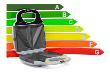 Enerji verimliliği grafikli sandviç tost makinesi, beyaz arkaplanda 3 boyutlu görüntüleme 