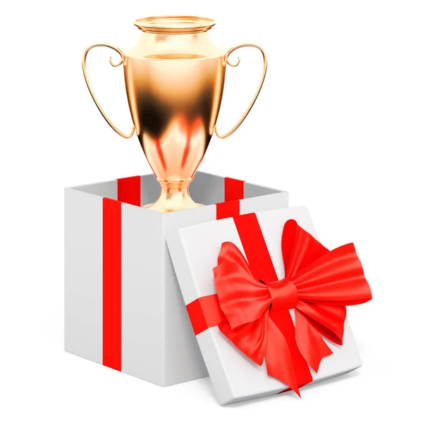 Golden Trophy Cup Award Gift Box Gift Concept Rendering Isolated — Stock Photo, Image