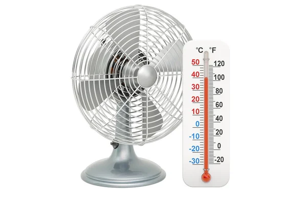 Tafelventilator Met Thermometer Weergave Geïsoleerd Witte Achtergrond — Stockfoto