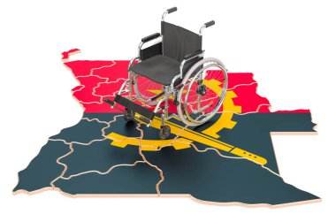 İngiliz bayrağı taşıyan tekerlekli sandalye. Angola konseptinde engellilik, beyaz arkaplanda 3 boyutlu görüntüleme
