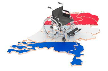 Hollanda bayrağı taşıyan tekerlekli sandalye. Hollanda konseptinde engellilik, beyaz arka planda 3D görüntüleme